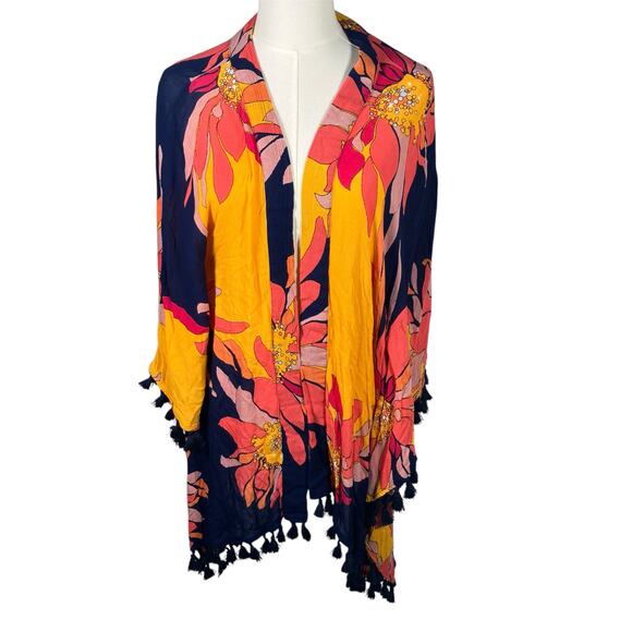 Trina Turk Breeze Tassel Kimono Wrap One Size Multicolor Viscose Cover Up Bright - Picture 1 of 14